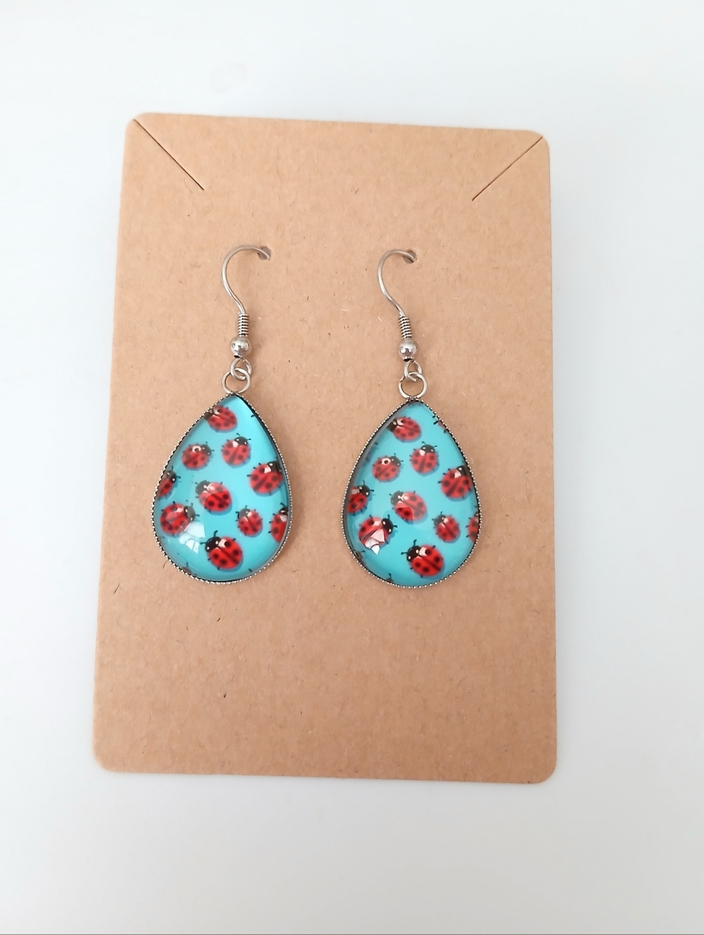 Fashion Jewelry Turquoise Teardrop Earrings with Red Ladybugs
